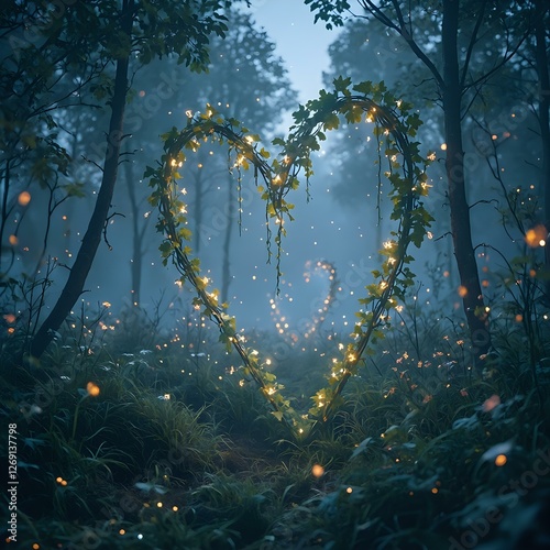 The image captures a heart-shaped arch adorned with twinkling lights, nestled amidst a dense forest where the trees, shrouded in mist, cast an ethereal glow, accentuated by the myriad of fireflies tha photo