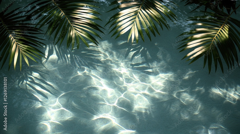Serene tropical waters reflecting sunlight with palm leaves casting shadows above, creating a tranquil scene Serene tropical waters reflecting sunlight with palm leaves casting shadows above, creating a tranquil scene