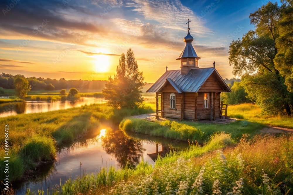 Fototapeta premium Rustic Chapel at Moskva River Source, Minsk Highway M1, Bokeh Background
