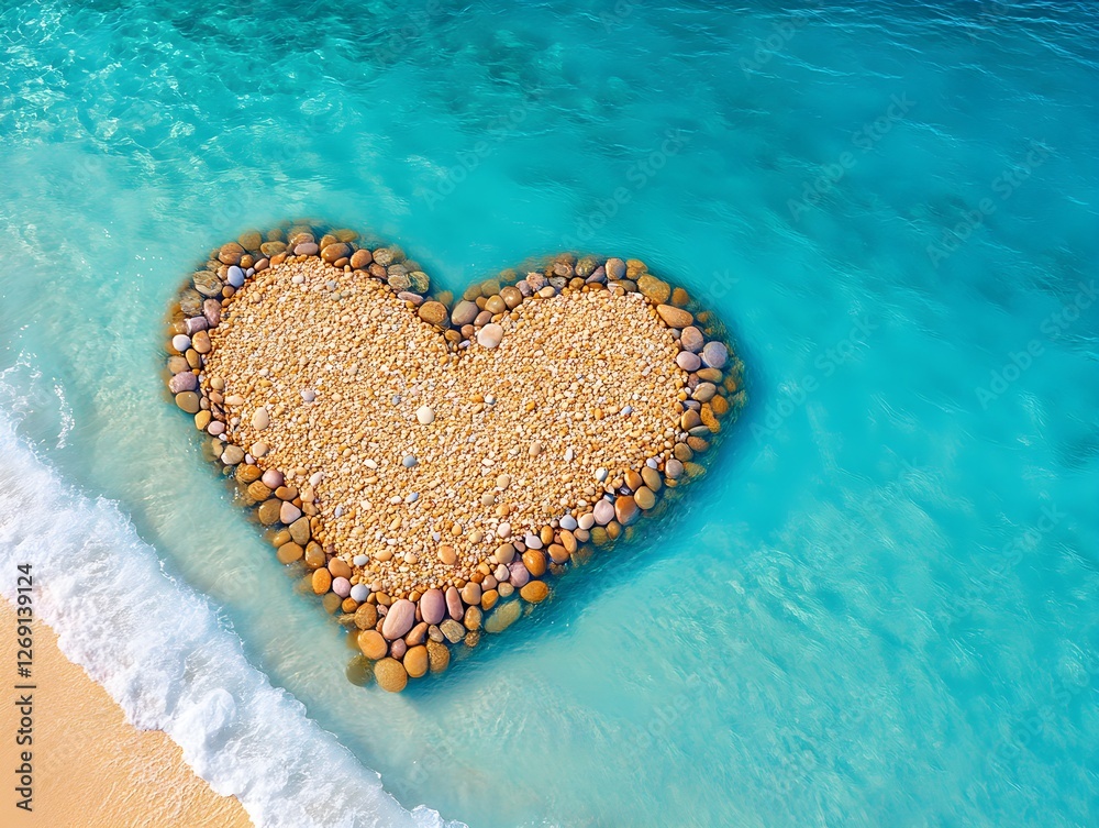 A delicate heart shape formed from pastel-colored pebbles on a scenic beach, symbolizing love, romance, and tranquility by the shore.
