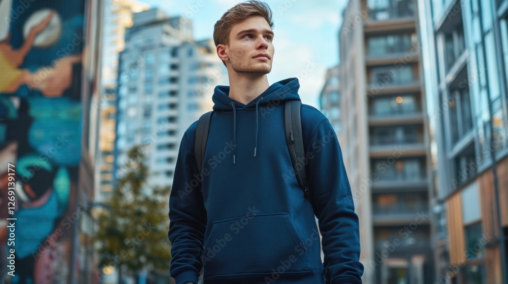 Fototapeta premium Navy Blue Hoodie Casual Outfit in Urban Street Style