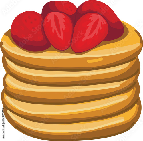 Golden brown pancakes stack topped with fresh raspberry.
