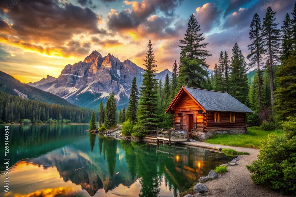 Fototapeta premium Rustic Log Cabin on Serene Mountain Lake - Stunning Nature Photography