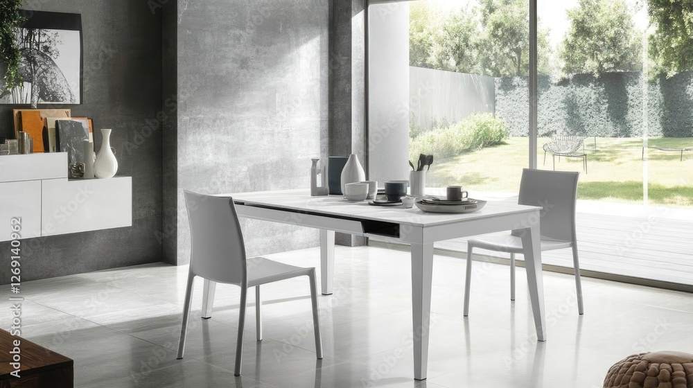 A durable, expandable dining table with a seamless extension mechanism, set in a bright dining area. A durable, expandable dining table with a seamless extension mechanism, set in a bright dining area.