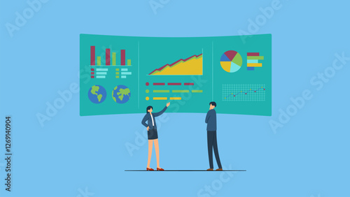 Business people look at data analysis graph, chart, statistic, analytic diagram or prediction benchmark, insight and trend.