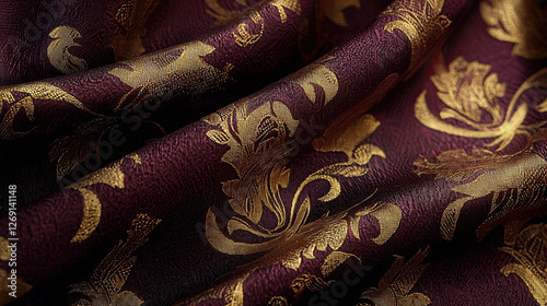 Close up of purple and gold brocade fabric with elegant gold foil design on deep burgundy background showcasing intricate textile pattern and color contrast Background photo