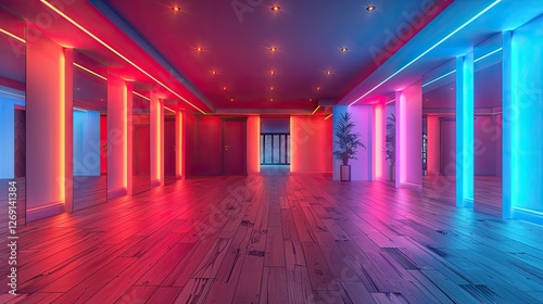 Neon-lit empty dance studio with wooden floor and mirrors.