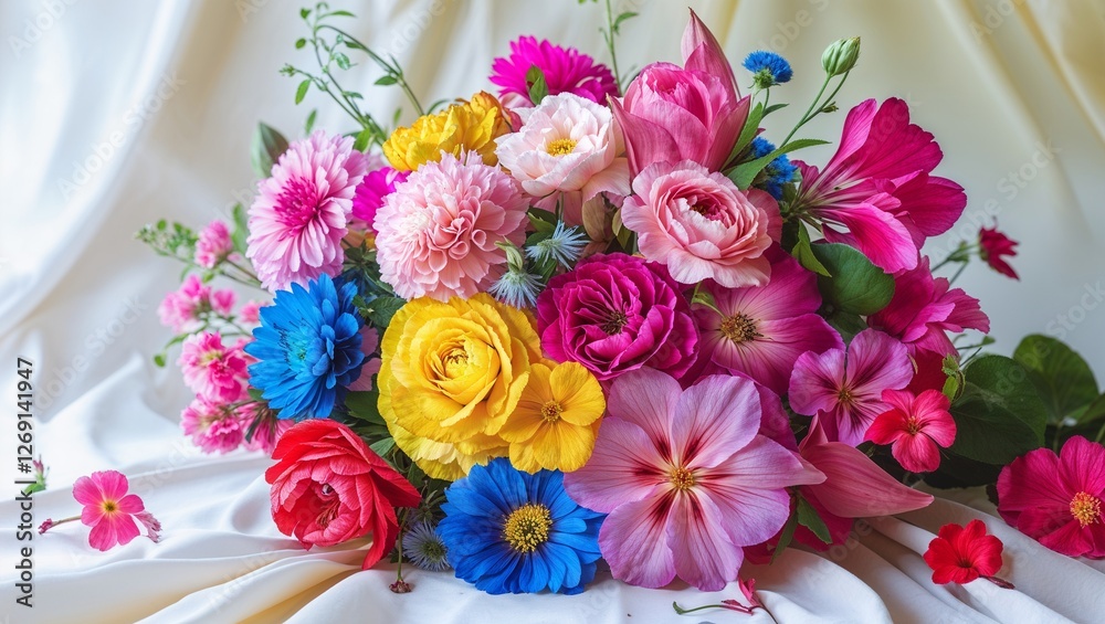 A vibrant spring bouquet of tulips, stock, and other flowers in a white vase , Vibrant Bouquet of Colorful Flowers - Pink, Yellow, Blue, Red Blooms A vibrant spring bouquet of tulips, stock, and other flowers in a white vase , Vibrant Bouquet of Colorful Flowers - Pink, Yellow, Blue, Red Blooms