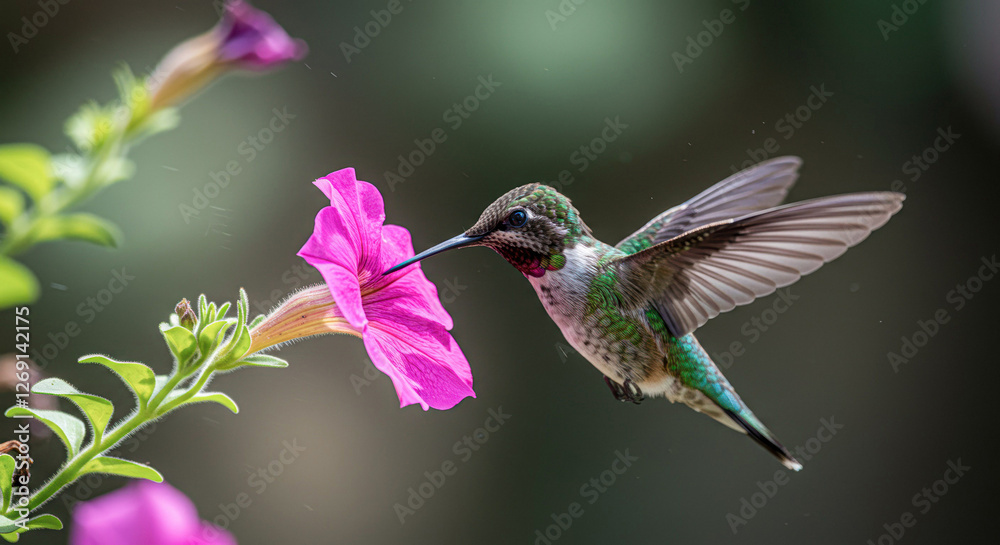 Obraz premium Ruby-Throated Hummingbird Feeding on Petunia Flower Nectar