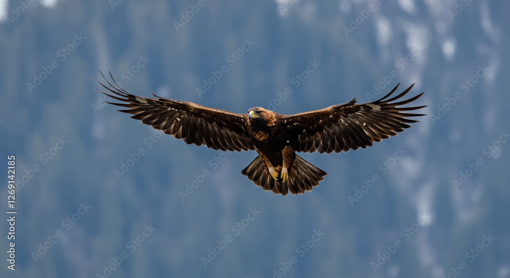 Fototapeta premium Golden Eagle Soaring Through the Sky with Mountain Backdrop