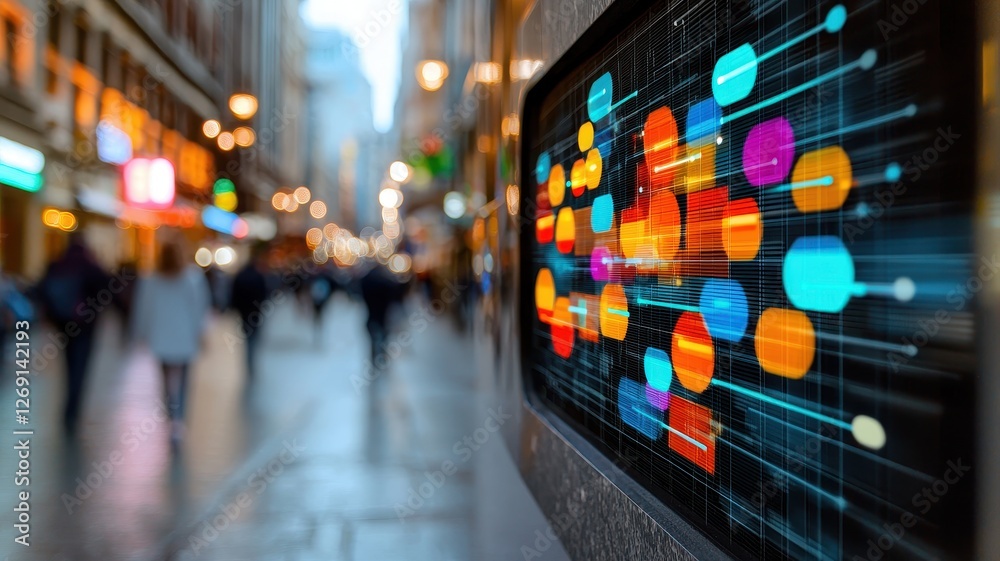 Fototapeta premium A vibrant digital display in an urban setting, showcasing colorful data visualizations amidst blurred city pedestrians.