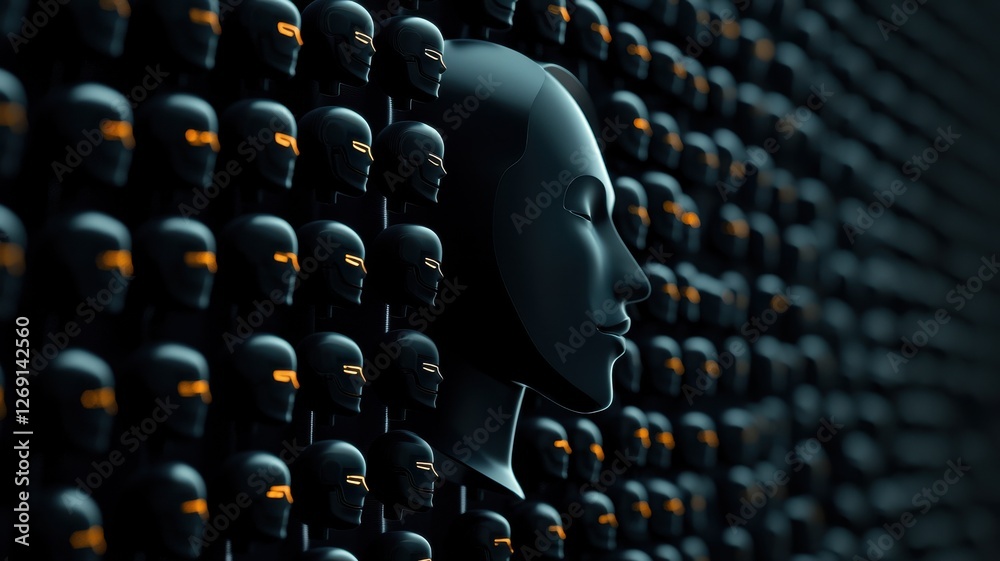 Obraz premium A stylized arrangement of black humanoid figures, with one prominent head facing sideways, creating a striking visual contrast.
