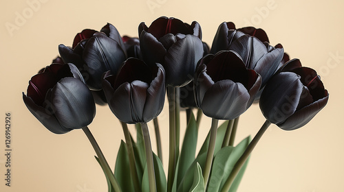 Unique black tulips arranged elegantly against a soft pastel background