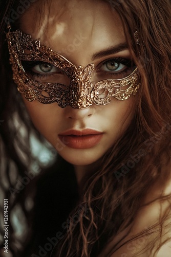 Retrato de una mujer con una m�scara dorada, mirada intensa y cabello suelto, evocando misterio y elegancia. photo