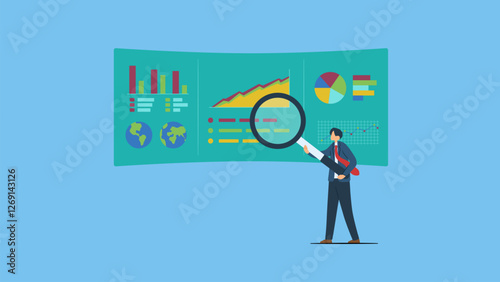 Businessman with magnifier look at data analysis graph, chart, statistic, analytic diagram or prediction benchmark, insight and trend. Data analysis and marketing research concept