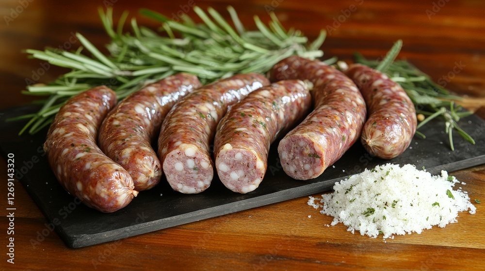 Fresh sausages displayed on a wooden board with herbs and salt. Fresh sausages displayed on a wooden board with herbs and salt.