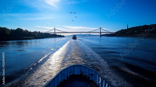 Cruising under the bridge, A tranquil river journey in shimmering light