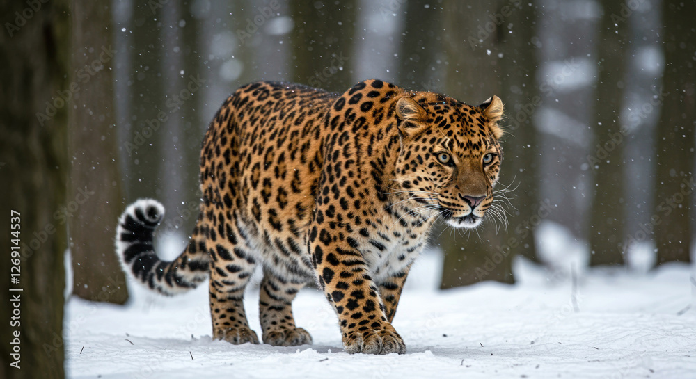 Critically Endangered Amur Leopard Walking Through Snowy Forest Critically Endangered Amur Leopard Walking Through Snowy Forest