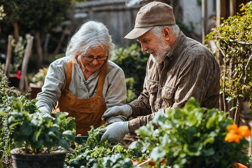Una pareja de ancianos disfruta trabajando en su jard�n, cultivando plantas y compartiendo momentos alegres.