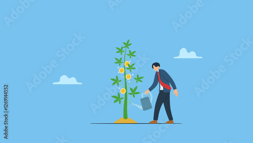Businessman watering cannabis plant with coin earning. Cannabis business, ganja, marijuanas for medical and therapy to make money, legal CBD medicine, alternative cannabis oil concept.