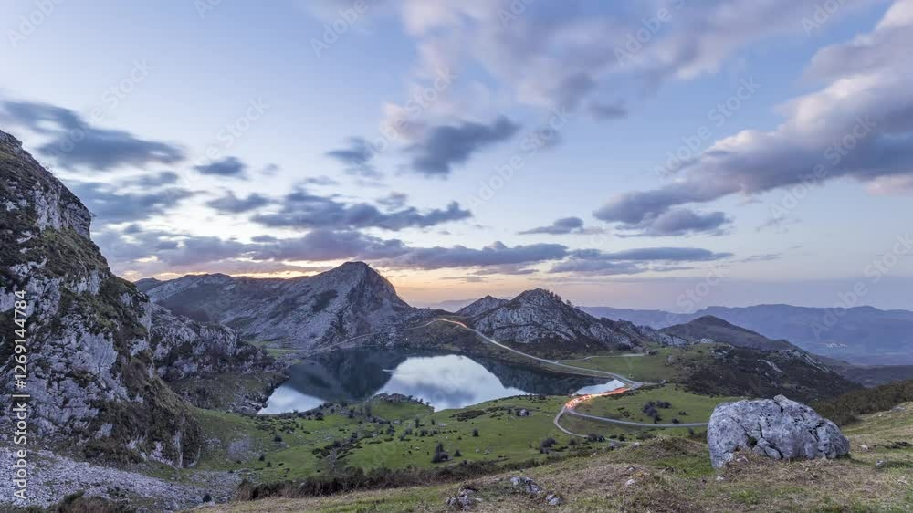  Timelapse of Lake Enol during a sunset, Covadonga Lakes, Picos de Europa National Park, Cantabrian mountain range, Asturias, Spain