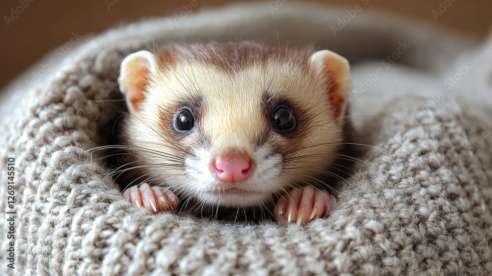 A curious small animal peeking out from beneath a cozy blanket A curious small animal peeking out from beneath a cozy blanket