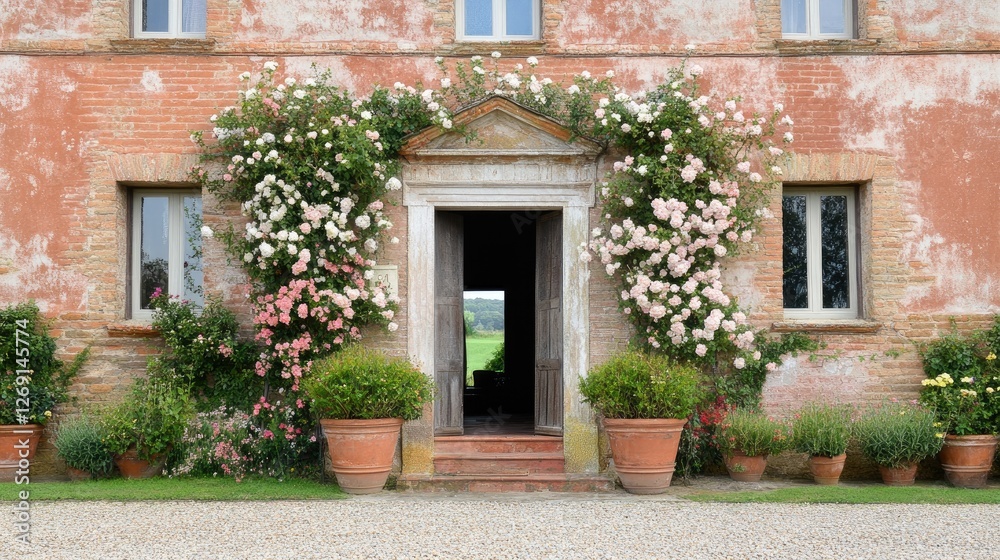 A house entrance adorned with symmetrical potted plants and a charming floral archway. A house entrance adorned with symmetrical potted plants and a charming floral archway.