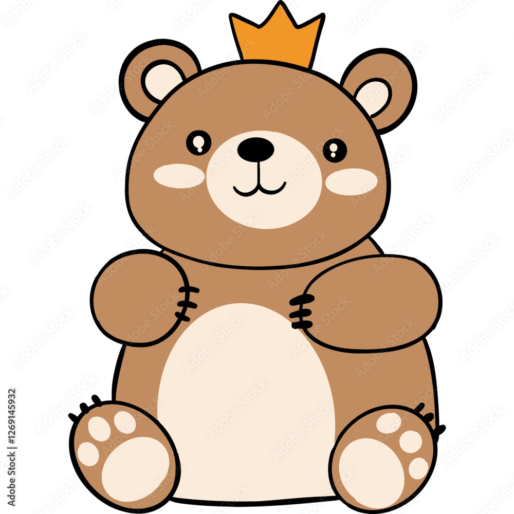 Cute cartoon bear with a crown, sitting and smiling. Cute cartoon bear with a crown, sitting and smiling.