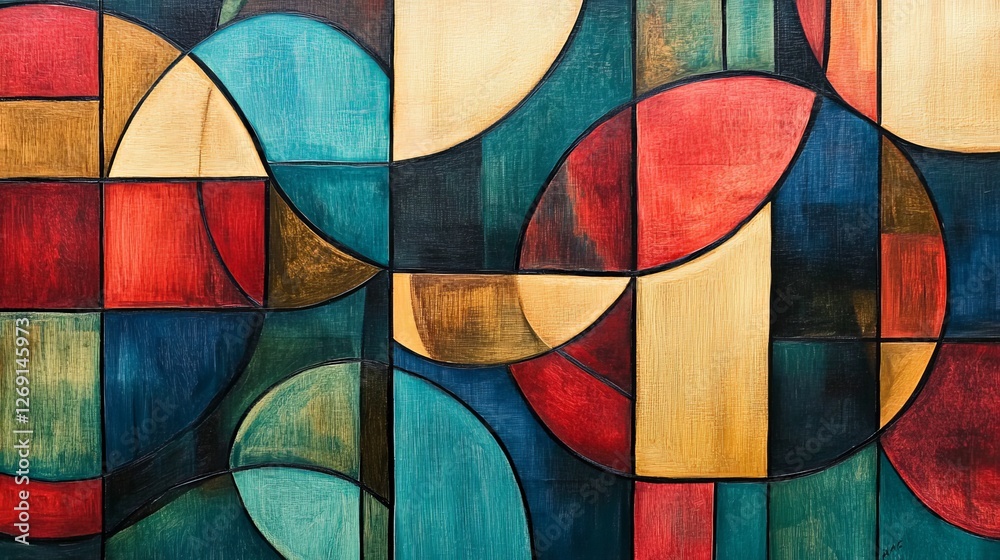 Fototapeta premium Abstract Geometric Painting Red Teal Gold Modern Art Canvas Texture Background Design Elegant Decorative Wall Art Print Decor Image rich high style