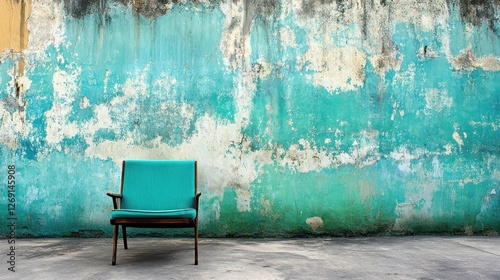 Teal Chair Against a Weathered Turquoise Wall photo