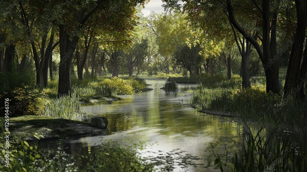 Sunlight streams through a tranquil forest beside a winding creek Sunlight streams through a tranquil forest beside a winding creek