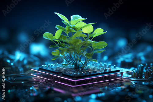 3D render of a green plant growing on a computer chip with blue light, an Eco-friendly concept
