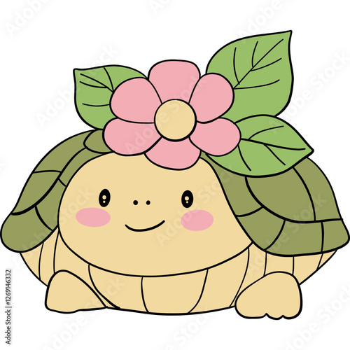 Cute cartoon turtle with a flower and leaves on its shell.