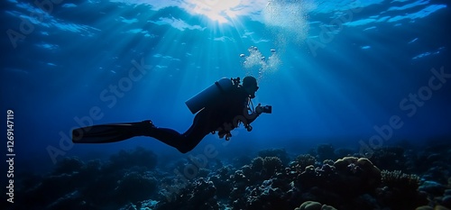 Wallpaper Mural Underwater photographer capturing ocean life amidst sunlit water Torontodigital.ca