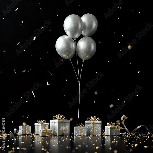 The image presents a festive scene against a black background, featuring silver balloons tethered to a central wire, and a scattering of gift boxes adorned with gold ribbons.