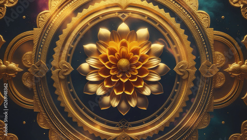 Middle Eastern pattern with golden flower mandala, circle, sacred geometry, and gold texture photo