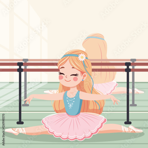 Pretty and gentle ballerina girl in pink and blue dress doing the splits on white background. Poster, Banner, Flyer, Greeting Card. Vector illustration in flat cartoon style