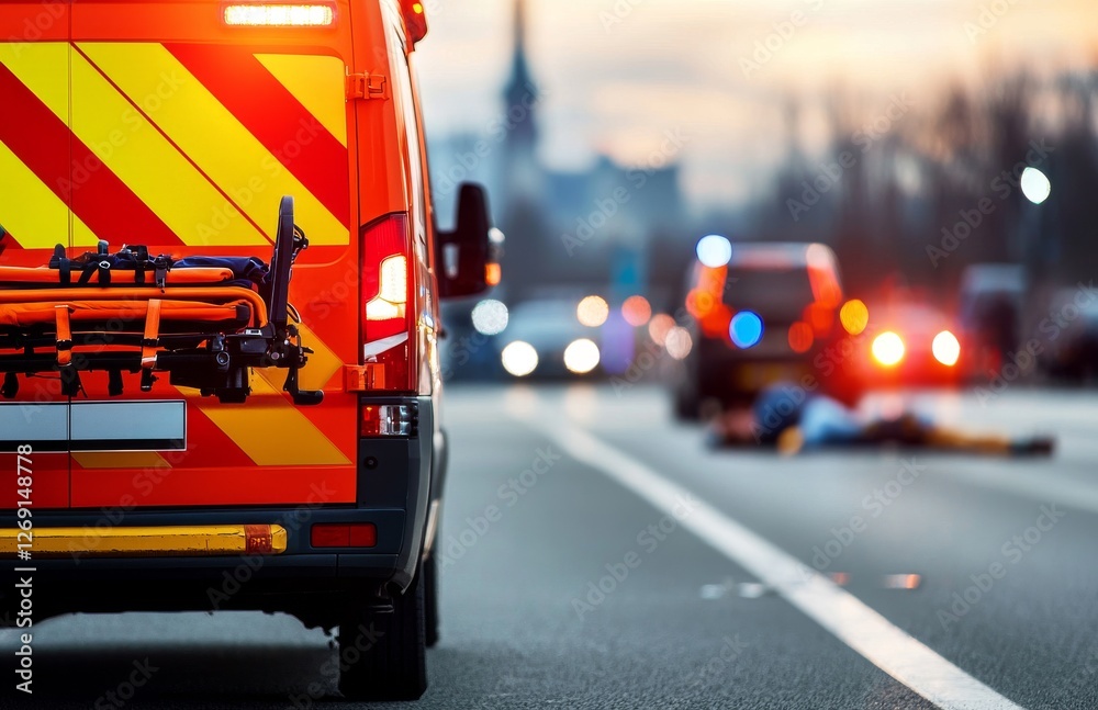 Emergency Response Scene with Ambulance and Injured Person Lying on Road at Dusk in City Environment Emergency Response Scene with Ambulance and Injured Person Lying on Road at Dusk in City Environment
