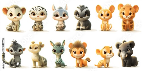 Charming 3D cartoon baby animals, designed as icons, neatly isolated on white background  