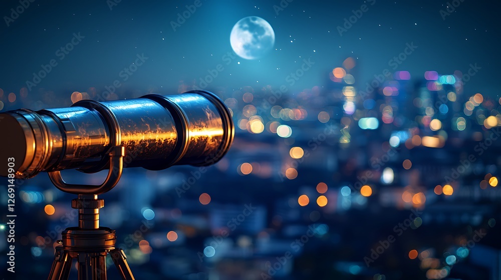 Night city view, telescope observing moon Night city view, telescope observing moon