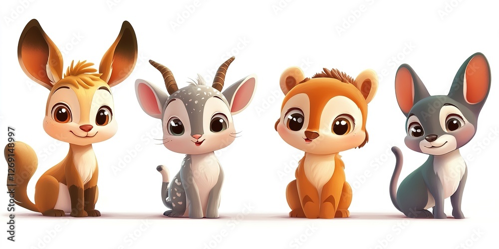 Obraz premium Set of 3D baby animal illustrations, soft and lovable, placed on a white background. 