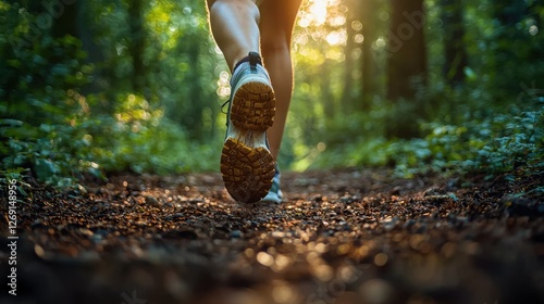 A person running on a trail in a lush forest during sunset. The focus is on their legs and shoes, capturing the essence of outdoor fitness.