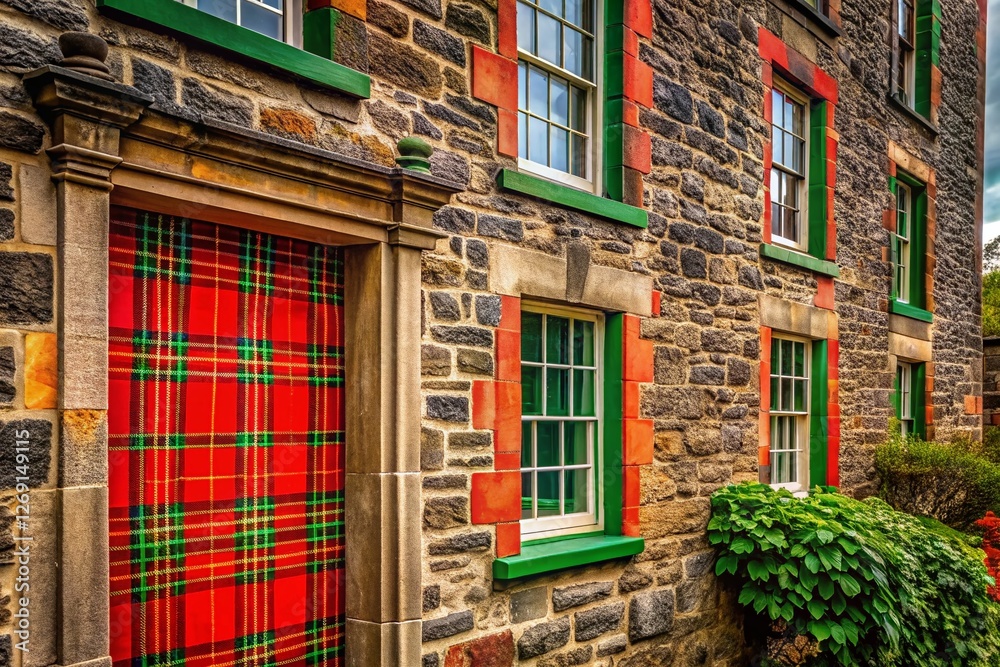 Fototapeta premium Scottish Tartan: Red & Green Plaid Fabric Texture Background - Architectural Photography