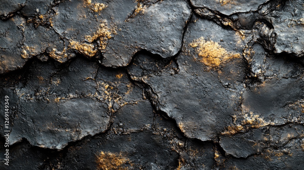Textured black and gold surface with cracks, resembling aged stone or abstract art for design use Textured black and gold surface with cracks, resembling aged stone or abstract art for design use