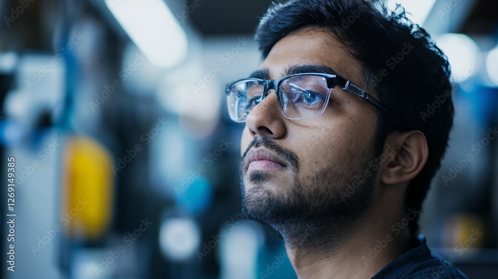 Thoughtful South Asian man with glasses in urban setting. Perfect for tech industry, creative professionals, and modern workplace diversity Thoughtful South Asian man with glasses in urban setting. Perfect for tech industry, creative professionals, and modern workplace diversity