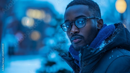 Thoughtful African American man in winter coat at night with bokeh lights. Ideal for urban lifestyle, winter fashion, and contemplative mood content
