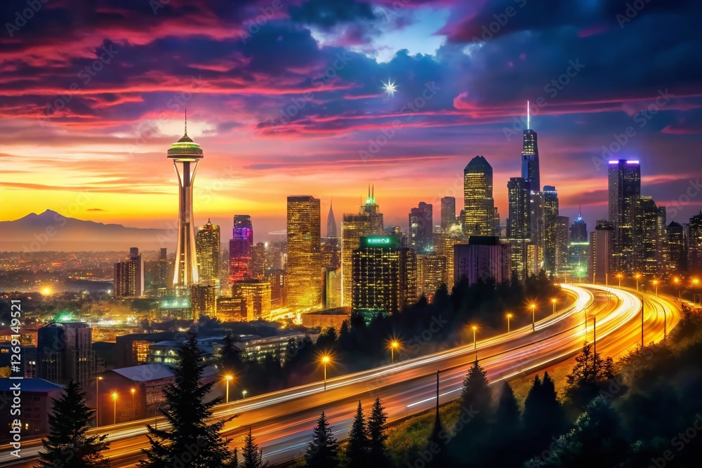 Obraz premium Seattle Skyline Dusk Freeway Highway Cityscape Panoramic View