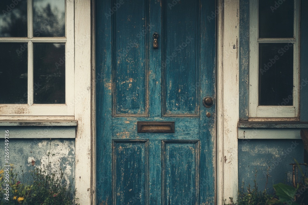 A blue door with a window, featuring a curious cat sitting in front A blue door with a window, featuring a curious cat sitting in front