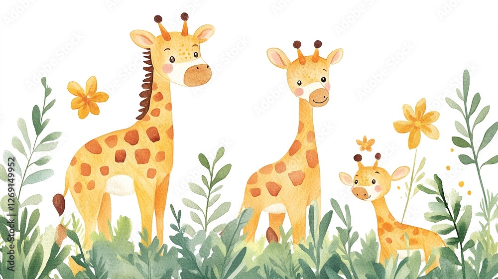 Naklejka premium Elegant flat watercolor giraffe illustration, perfect for safari-themed art, set on a white background.