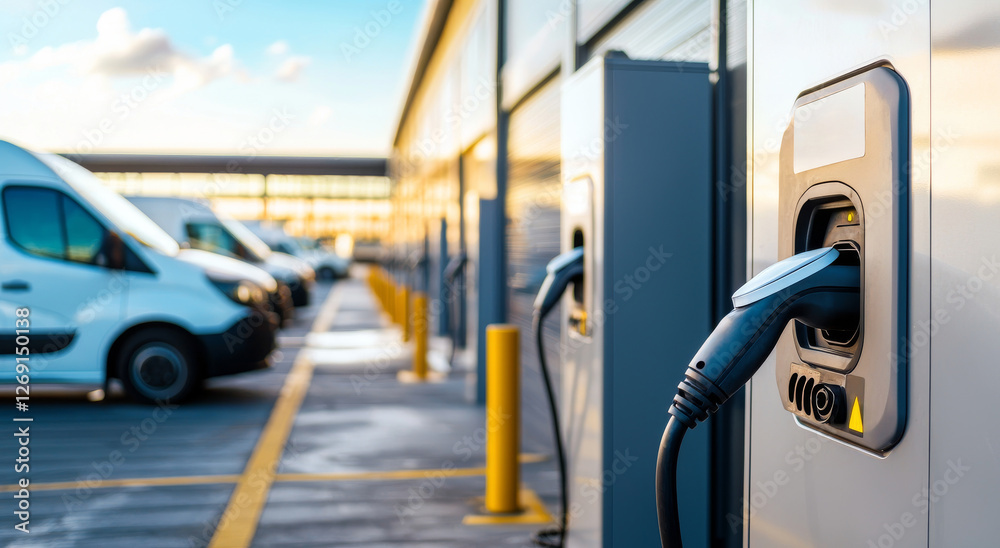 Electric vehicle charging station with modern vans parked in a sunny outdoor setting, promoting renewable energy and sustainability initiatives Electric vehicle charging station with modern vans parked in a sunny outdoor setting, promoting renewable energy and sustainability initiatives